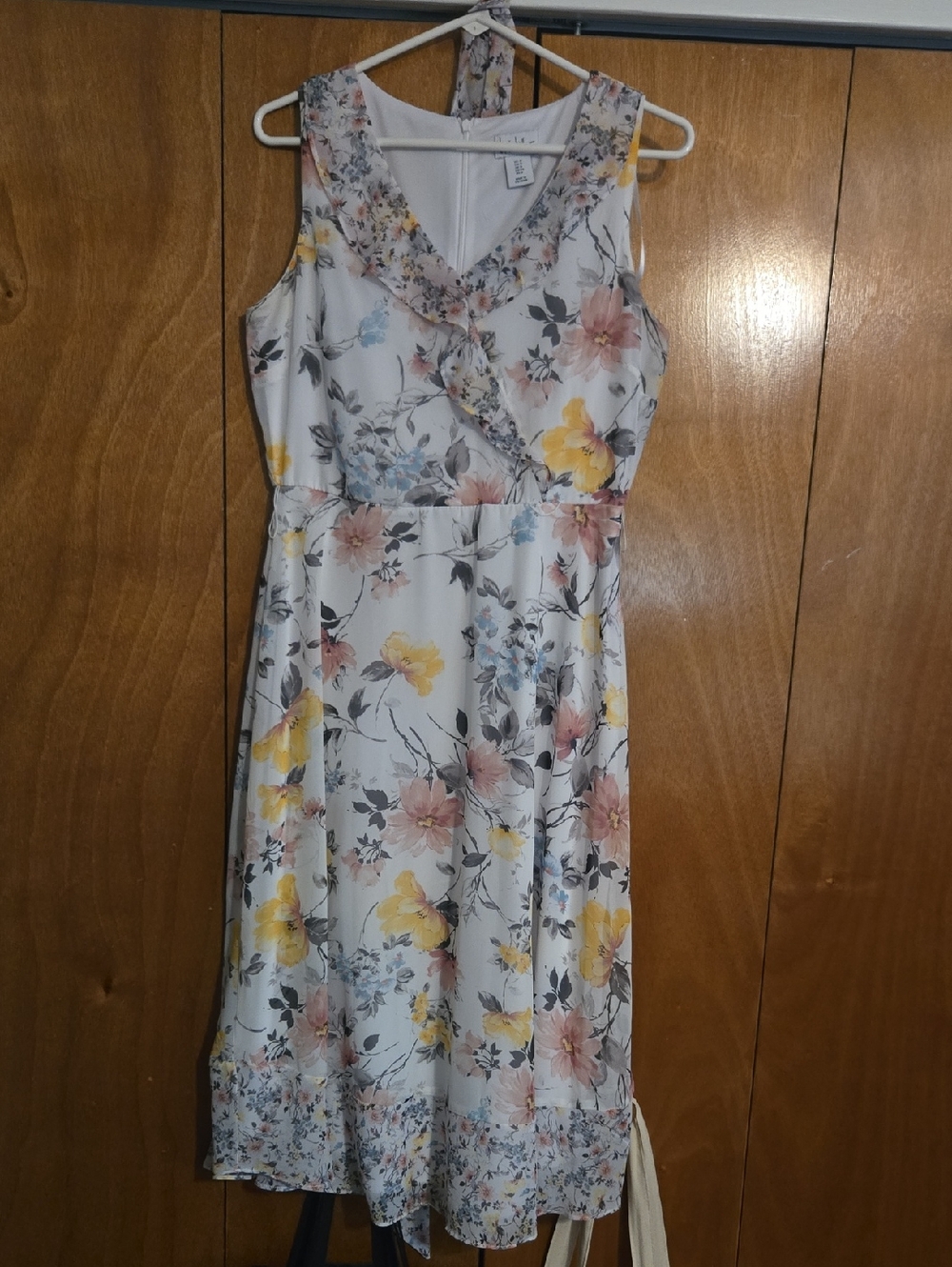 Nicole Miller Floral Sleeveless Midi Dress in White with Pink & Yellow Blooms